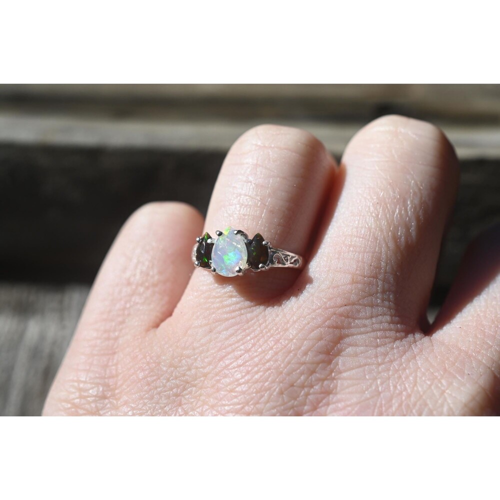 Engagement ring Black opal and Ethiopian opal  sterling silver size 3 4 5 6 7 8
